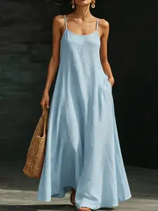 Women's Solid Color Cotton Linen Strap Flared Dress, Casual Vacation Style, Pocket Design, Summer Beach/travel/commute, Elegant Sleeveless Long Dress