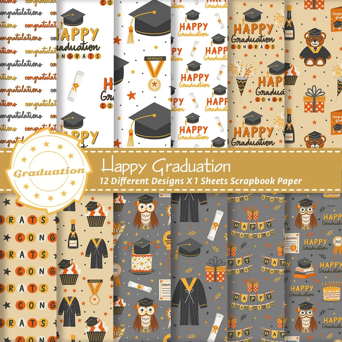 12 Sheets Graduation Scrapbook Paper, Gold Colors, Party Decor, Table Mats, Wall Backdrop, Handmade Banners