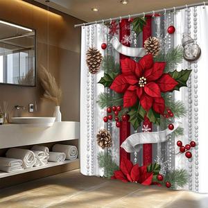 1pc Christmas Shower Curtain Vibrant Red Poinsettias Pine Branches Holly Leaves Pinecones & Berries with Snowflakes Durable Polyester Fabric 12 Hooks 66x72 Inches Machine Washable Holiday Bathroom Decor Festive Ribbon Design Easy Installation Hooks, Water