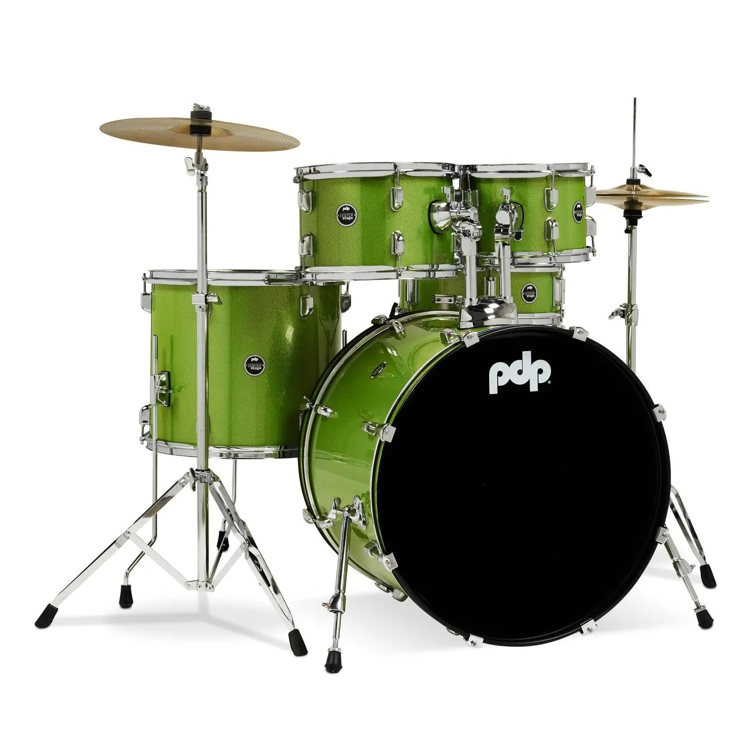 PDP CenterStage 5pc Complete Rock Drum Set Electric Green Sparkle w/Hw & Cymbals