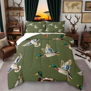 Cute Mallard Duck Comforter Set Toddler Kids Wild Duck Hunting Comforter for Boys Teens Hunting and Fishing 3D Wild Animal Bedding Set Green Duvet Set Room Decor Quilt Set