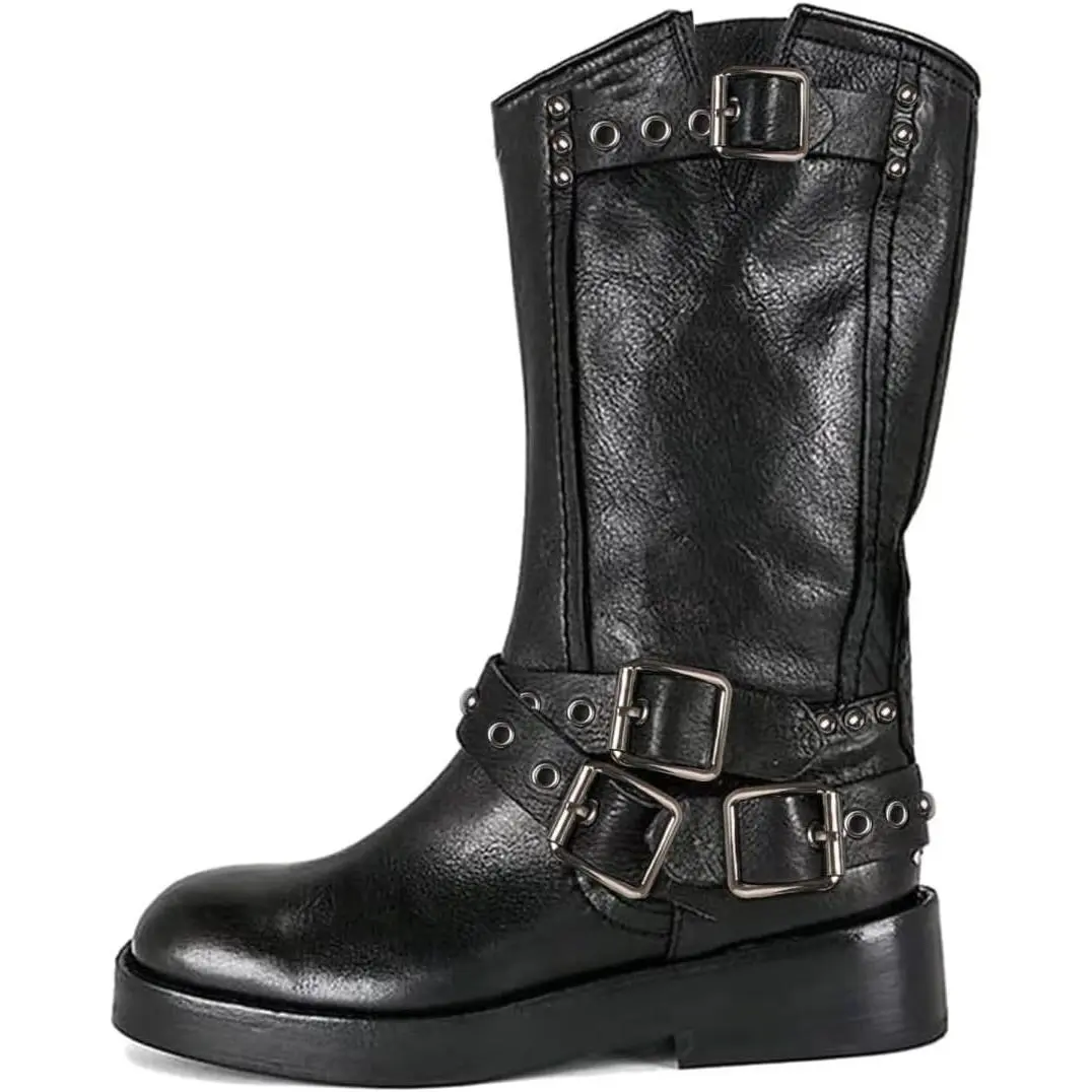 Women's Padded Squared-Toe Mid-Calf Platform Boots, Chunky Low-Heel Riding Style with Buckle, Slip-On Rubber-Design Biker Motorcycle Casual Outdoor Footwear