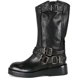 Women's Squared Toe Mid-Calf Boots, Chunky Low Heel Riding Style with Buckle, Slip-On Biker Motorcycle Shoe with Rubber Design, Casual Fashion Footwear tiktokshopspringglowup,summervibes, Platforms Black outdoorfun