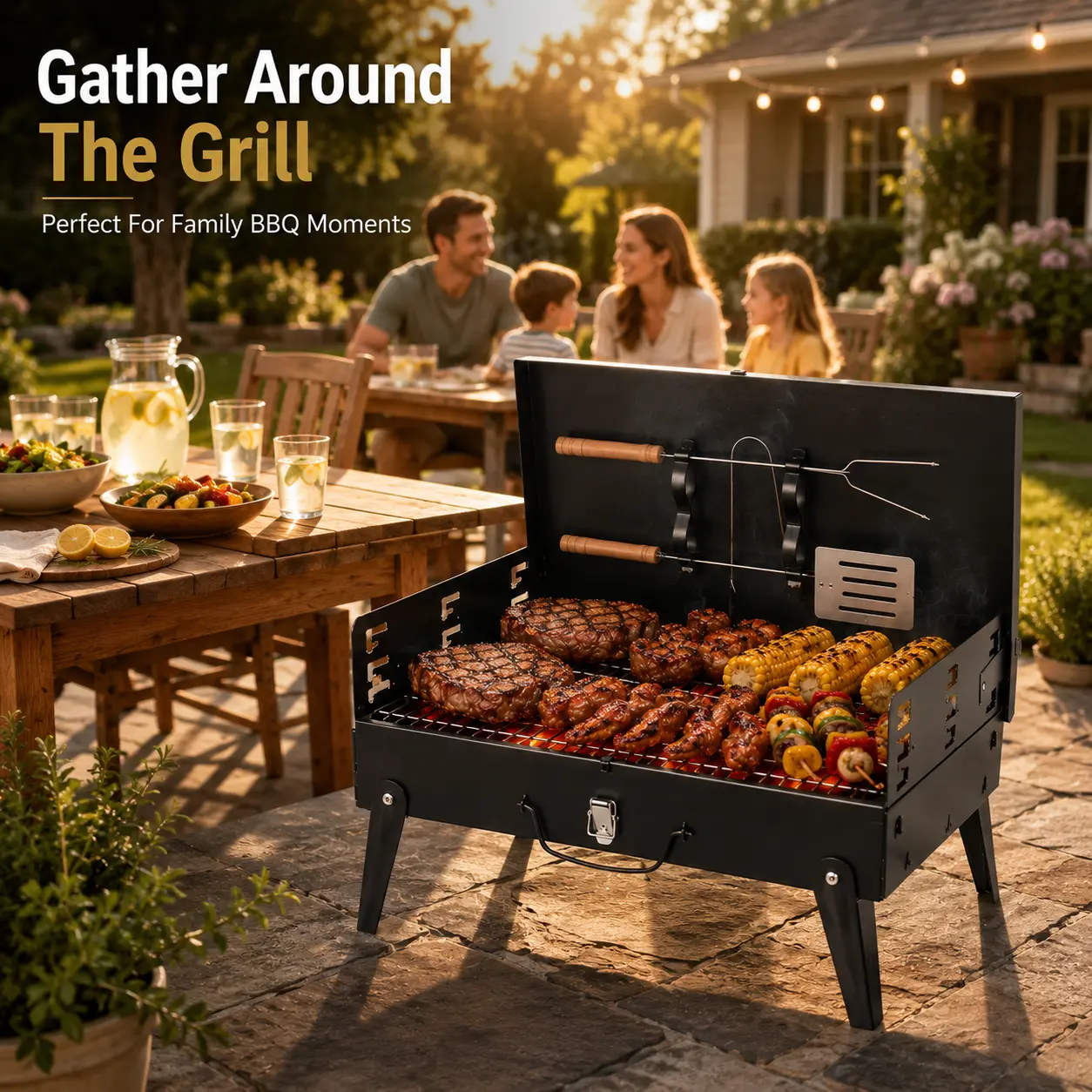 Portable Briefcase Charcoal Grill - Foldable BBQ Suitcase with Storage Box & Tools