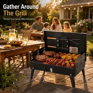 Portable Briefcase Charcoal Grill - Foldable BBQ Suitcase with Storage Box & Tools