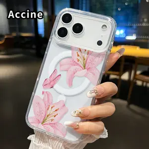 Transparent Case for iPhone 17 Pro Max 17 Air Pink Lily Reverie  Strong Magnetic Attraction Acrylic Back Soft Edges Full Coverage Back Cover