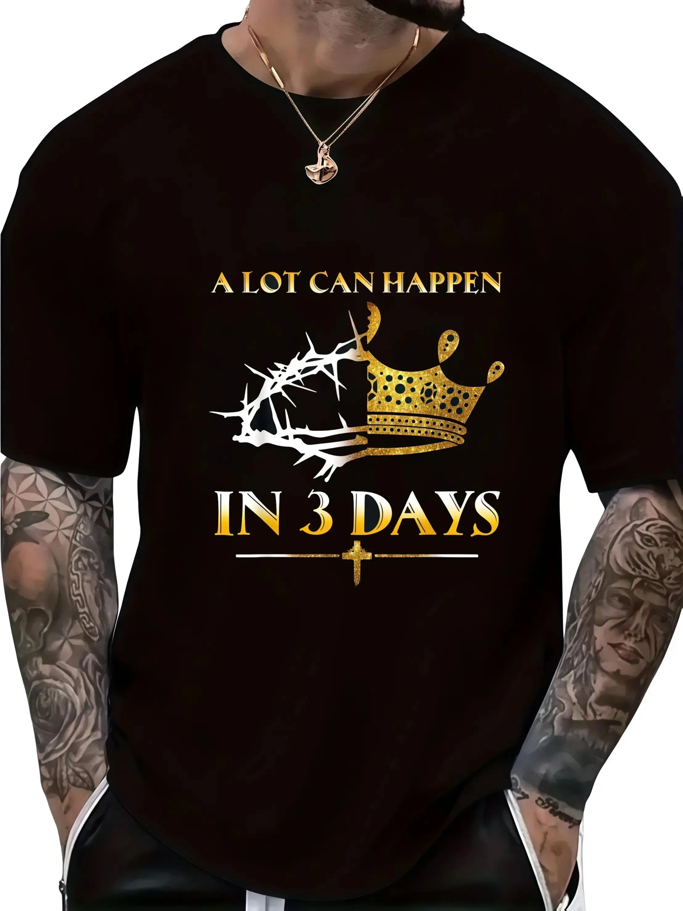 2026 Spring Deals Men's 100% Cotton Unisex Short-Sleeve Round Neck Tshirt - "A Lot Can Happen in 3 Days" Crown & Cross Print, Regular Fit, S-XXXL Plus Size, Machine Washable, Casual Top for Leisure Gifting, Shortsleeve