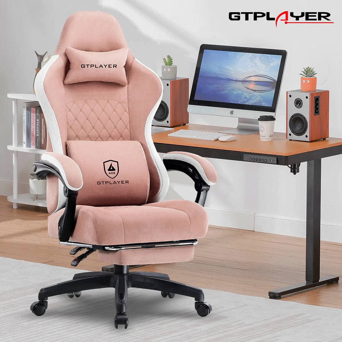 GTPLAYER Gaming Chair, Technical Fabric Office Chair with Pocket Spring Cushion, Linkage Armrests and Footrest, High Back Ergonomic Computer Chair