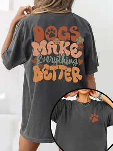 "Dogs Make Everything Better" Retro Dog Paw & Floral Graphic Oversized Knit T-Shirt - Dog Lover Casual Fit Tee Women