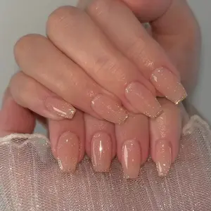 24pcs Nude Fine Gold French Nail Tips, Soft Diamond Gradient Nail Art Manicure, Luxurious Finish, Medium Square Shape