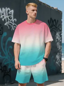 Summer Men's Streetwear Set: Pink, White, and Blue Color-Block Print T-Shirt + Shorts—Machine-Washable and Breathable, Outdoor Casual Father's Day and Valentine's Day Gift Set