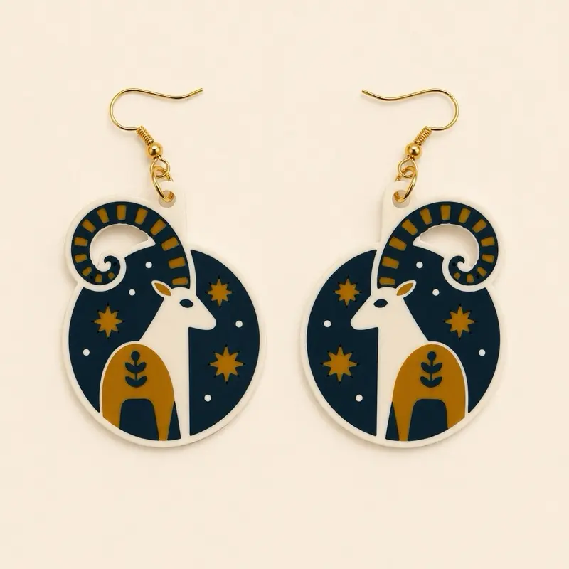 Capricorn Goat Dangle Earrings - Mid-Century Modern Celestial Zodiac Costume Jewelry
