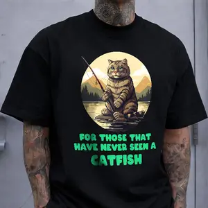 Cat Fishing Humorous T-Shirt, Funny Cat Lover Casual Top for Everyday Wear
