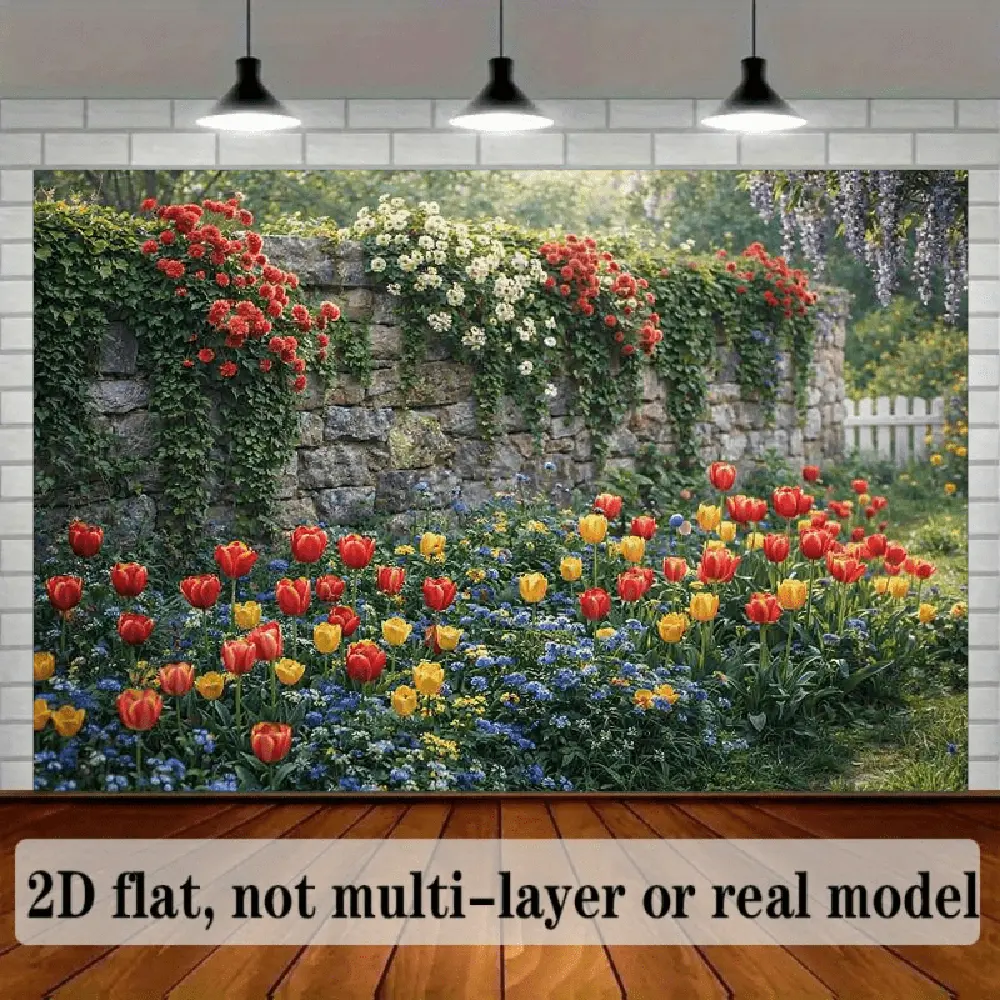 2D Flat Polyester Photography Backdrop - HD Digitally Printed Garden Landscape Cloth with Stone Wall, Colorful Flower Tulips, Botanical Vines, Plants, Soft Lightweight Foldable Unisex Festive Decor for Indoor Portraits, Photo Booth, Indoors