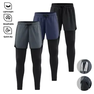 Men's 2-in-1 Running Pants, Lightweight Quick Dry Compression Gym Leggings with Built-in Phone Pocket & Towel Loop, Elastic Waist Breathable Athletic Tights for Outdoor Sports & All Seasons Comfy Drawstring