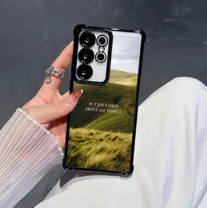 Christian Scripture Landscape Airbag Phone Case for Samsung S24/S23 Ultra, "Put Jesus First" Green Nature Electroplated Shockproof Bumper Cover, Minimalist Religious Art Soft Shell for Women
