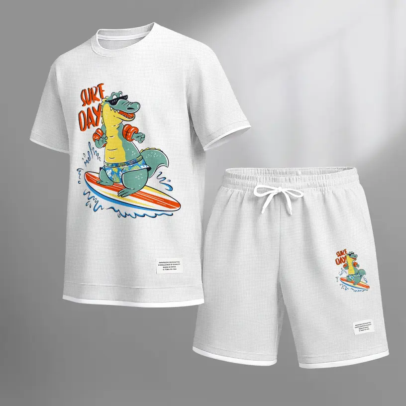 Men's Crocodile with Surfboard Graphic Print Short Sleeve Shirt and Drawstring Shorts Set, Casual Summer Two-Piece Outfit, Lightweight Breathable Relaxed Fit Athletic Set for Daily Wear, Beach, Vacation, Travel & Loungewear