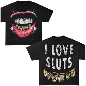 Grillz I Love Slts Garment-Dyed Y2k T-Shirt Graphic Tees Oversized Cotton Unisex Top Streetwear