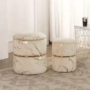 New Home Vanity Stool/Chair Velvet Storage Ottoman Foot Rest Stool/Upholstered Seat with Gold Plating Ring, Pack of