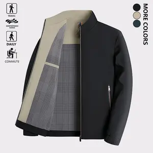 Men's lightweight casual jacket, classic outdoor business style solid color stand collar jacket with zipper pockets and fine checkered lining, suitable for autumn and winter daily wear, travel, and office attire