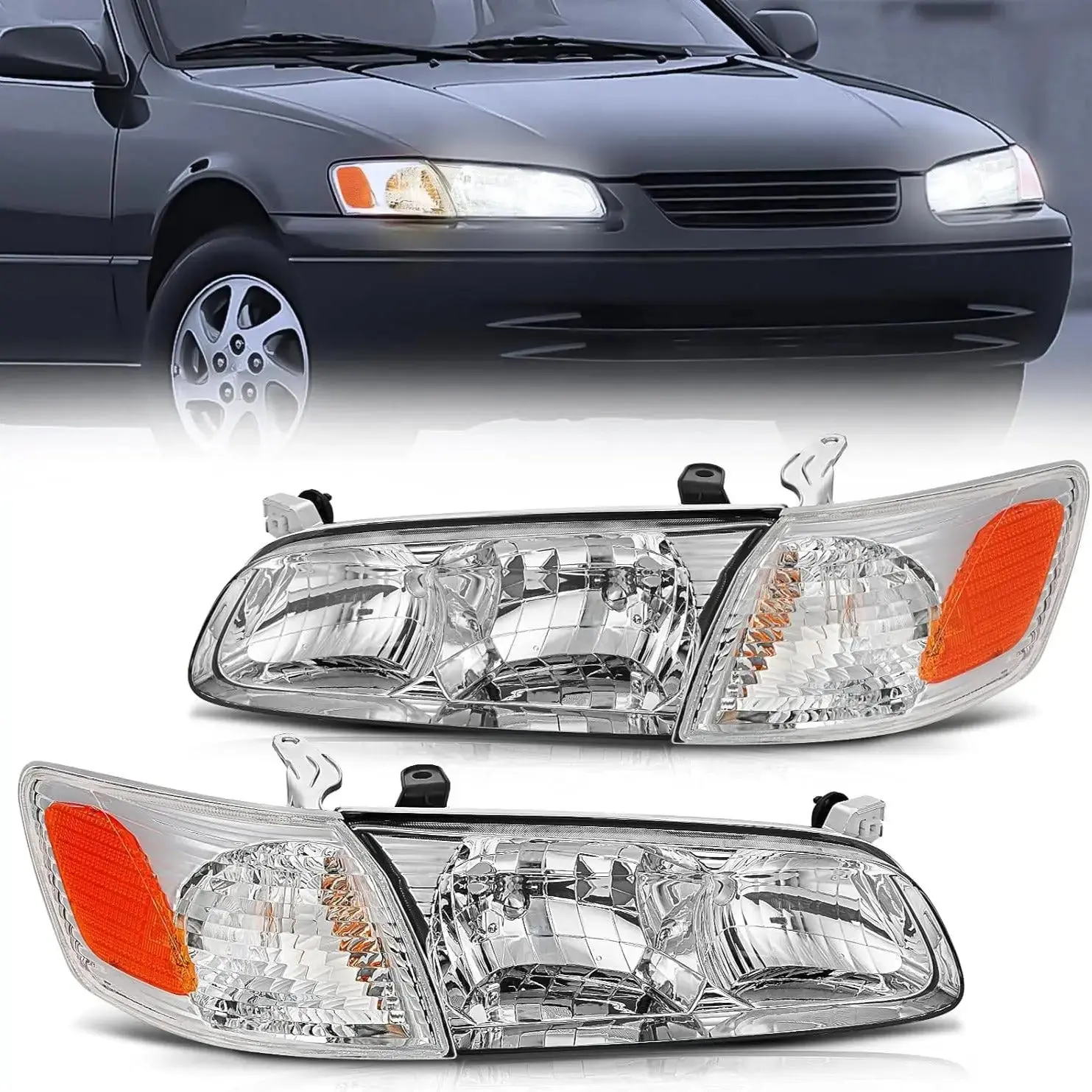 Nilight Automotive Replacement Car Light Headlight Assembly for 2000-2001 Toyota Camry - Chrome Housing, Amber Reflector