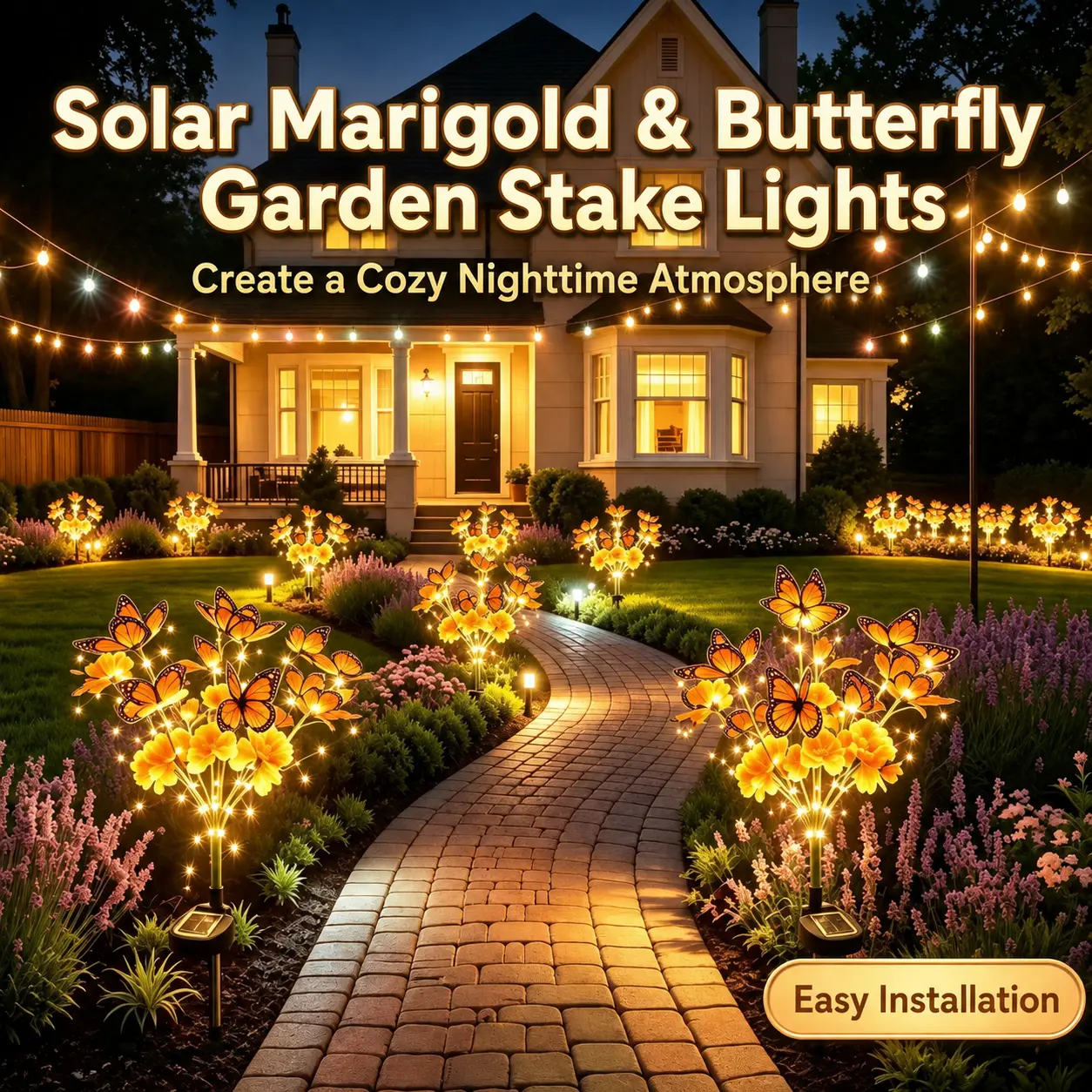 Solar Marigold & Butterfly Garden Stake Lights, Artificial Flower Solar Outdoor Lights, Decorative Yard Pathway Lights for Lawn Garden Patio and Landscape Decor