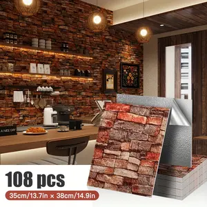 108pcs American Retro 3D Brick Wall Stickers, PVC Foam Material, Waterproof & Durable, Easy Peel-Off, Customizable Size, 13.78x14.96 Inches