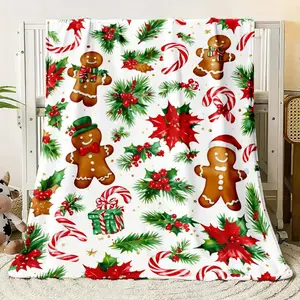 Funny Comfy Polyester Blanket Christmas Gingerbread & Holly Pattern Fleece Throw Blanket - All-Season Chunky Knit Polyester, Machine Washable, Uncharged, Soft The Ultimate Christmas Present