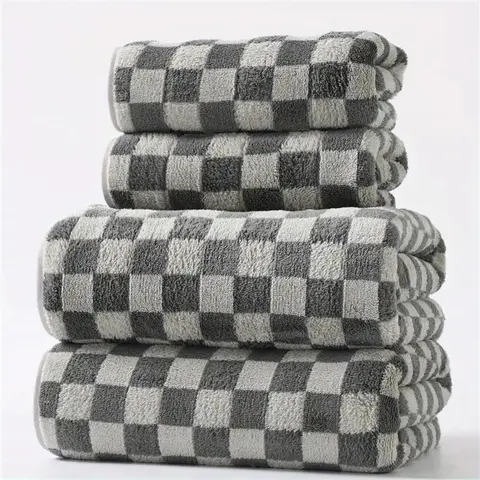 Checkerboard Pattern Bath Towel Set, 2 Counts Soft Absorbent Quick Drying Bath Towel with 2 Counts Hand Towels, Family Bath Outing Bathroom Accessories, Super Absorbent Towel