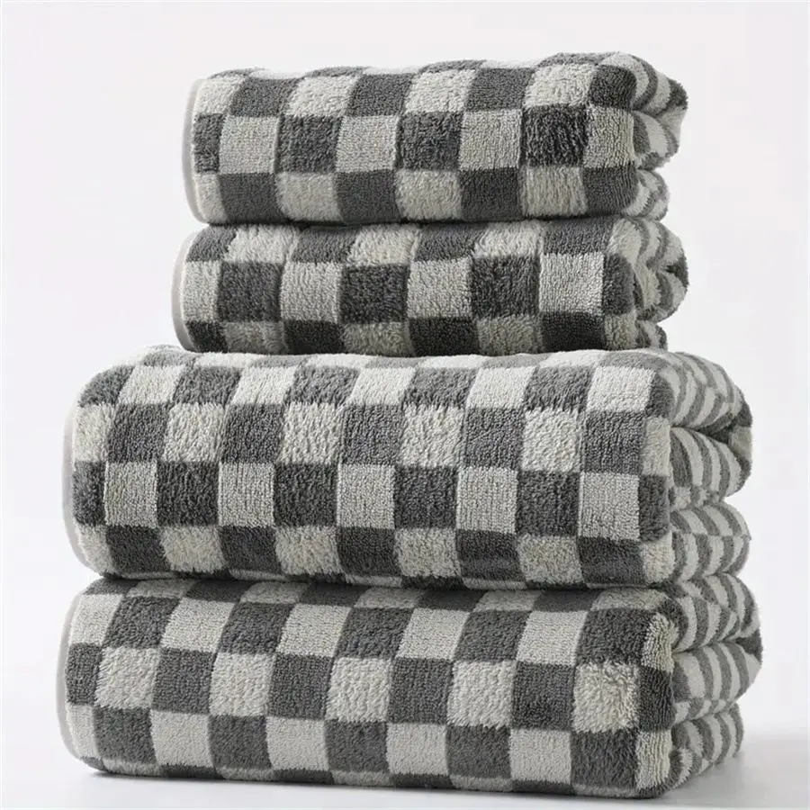Checkerboard Pattern Bath Towel Set, 2 Counts Soft Absorbent Quick Drying Bath Towel with 2 Counts Hand Towels, Family Bath Outing Bathroom Accessories, Super Absorbent Towel