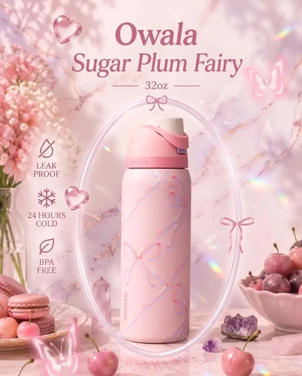 Owala FreeSip 32oz Sugar Plum Fairy Insulated Stainless Steel Water Bottle Limited Edition Model Leak Proof Built In Straw BPA Free Double Wall Travel Tumbler K50