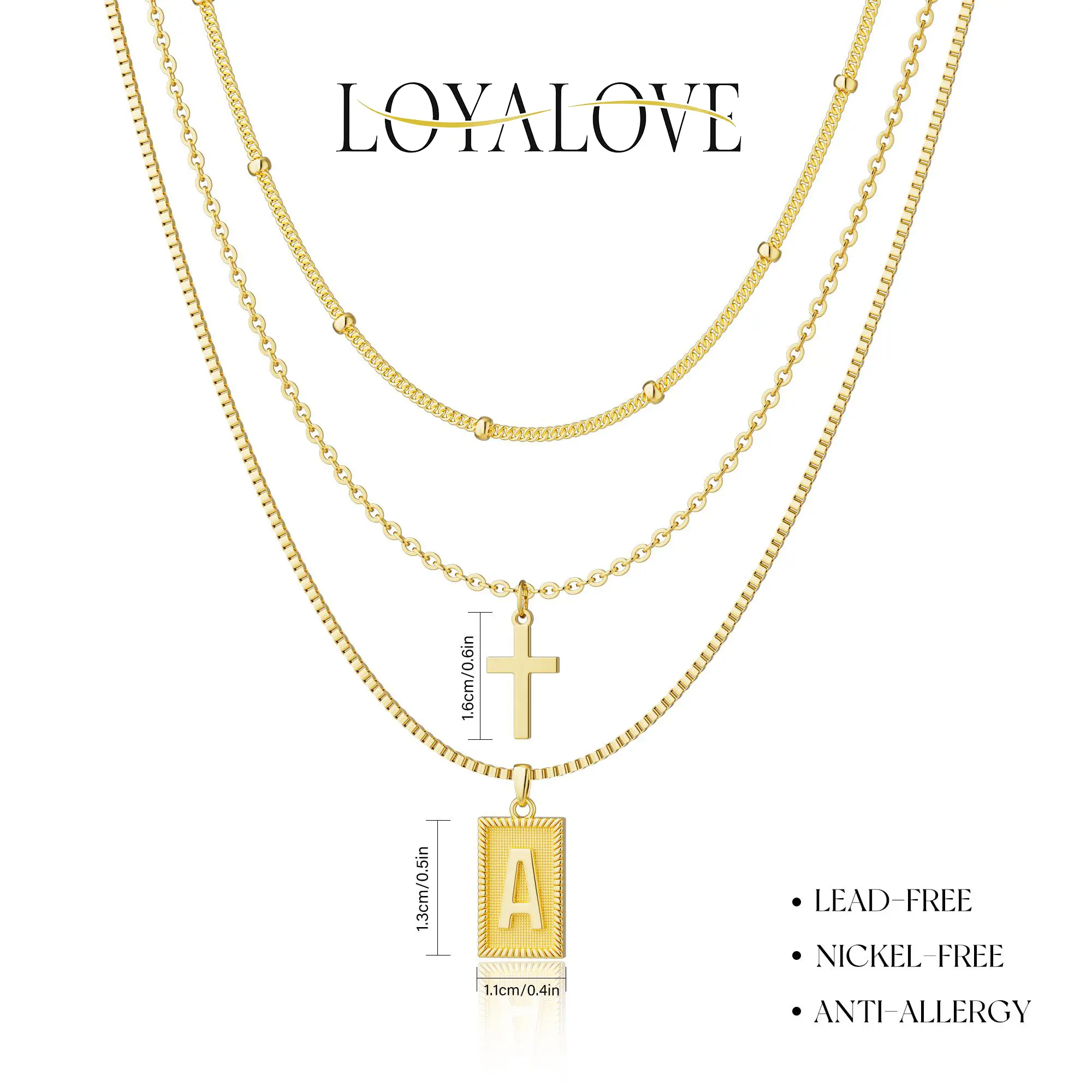 3set Initial Letter Pendant Necklace for Men Womens, Square Capital Monogram Necklace Alhpabets from A-Z Figaro Chain Gift for Valentine's Day