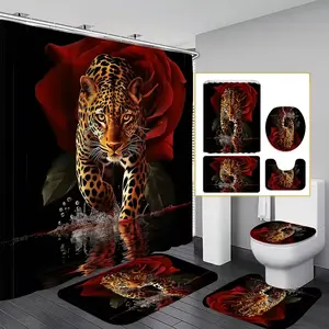 1/4 Set, Valentine's Day Theme, Jaguar Design Bathroom Shower Curtain and Mat Set, Includes 12 Hooks, Non-Slip Bathroom Mat, Toilet U-Shaped Mat, Toilet Seat Cover, Bathroom Divider, Home Decor, Bathroom Decoration Accessories