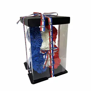 French Rose Teddy Bear Set, Handmade Forever Flowers, Transparent Gift Box, Ideal Graduation Anniversary Football Fan Gift