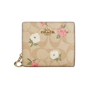 Coach Snap Wallet With Floral Print, Signature Coated Canvas And Smooth Leather For Women