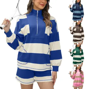 Kingapril Womens 2 Piece Outfits Striped Workout Set Two Piece Matching Lounge Sets Long Sleeve Tops and Short Sets