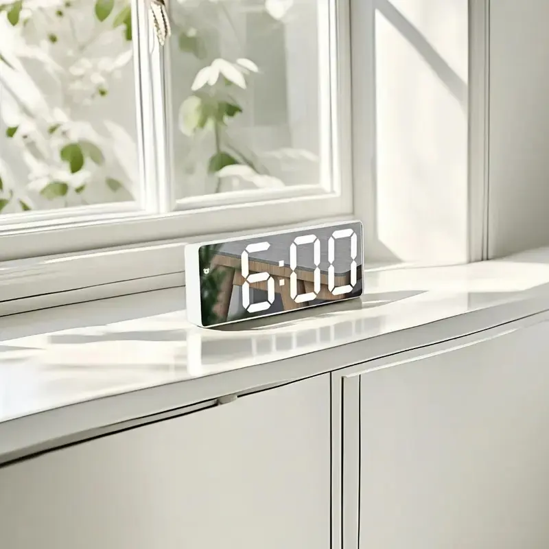 LED Mirror Alarm Clock with Digital Display, Delay Function, Modern Rectangular Design, Plastic Frame, Bedroom or Office Decor