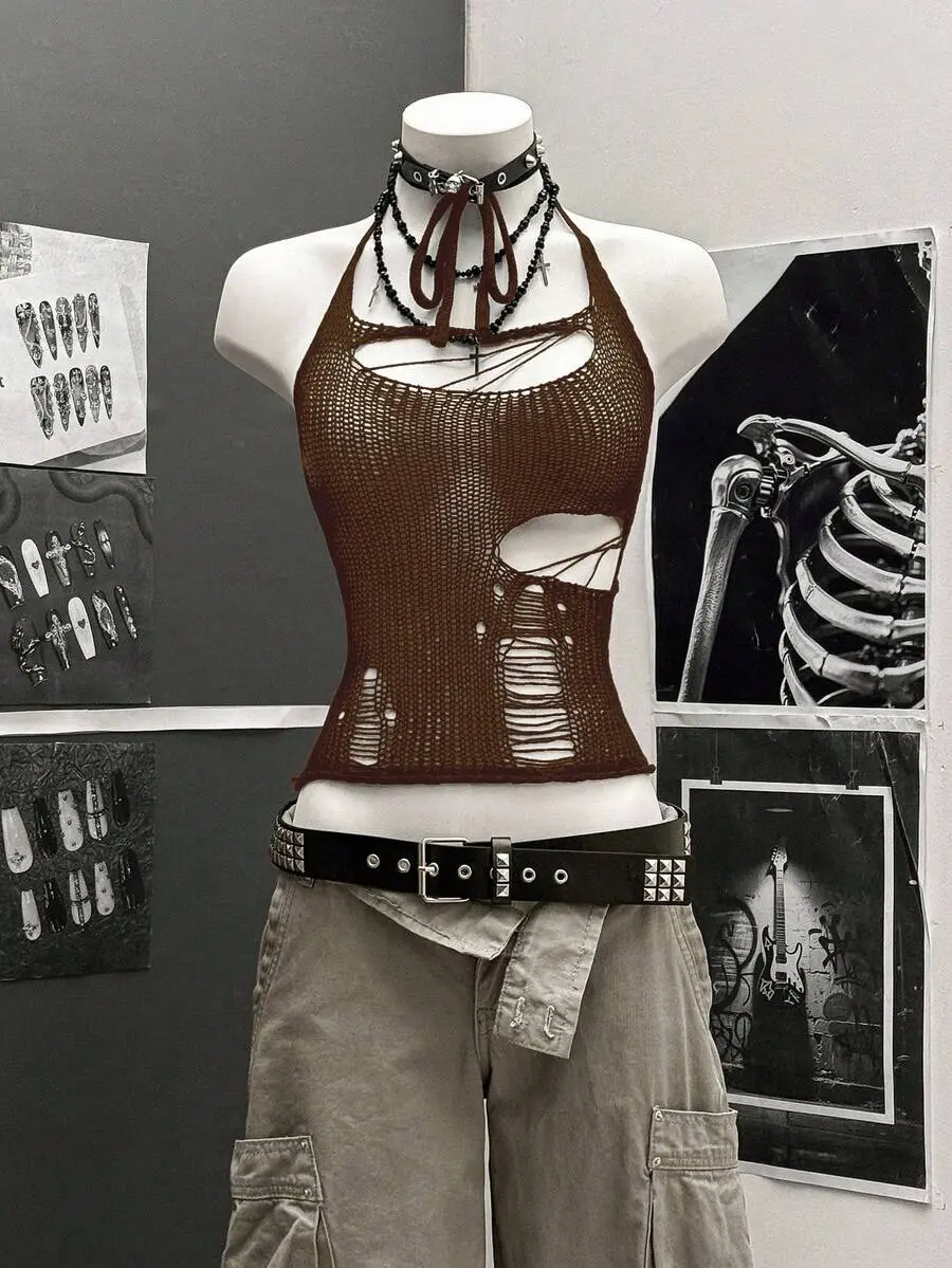 Women Black Hollow Out Crochet Knit Top Sleeveless Streetwear Style