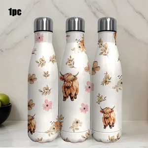 1pc 17oz/17.5oz/30oz/32oz/33oz/40oz Stainless Steel Insulated Cup, Reusable Vacuum Insulated Tumbler, Leak-Proof Design, Highland Cow Floral Print, Ideal for Camping Hiking Outdoor Adventure Gift