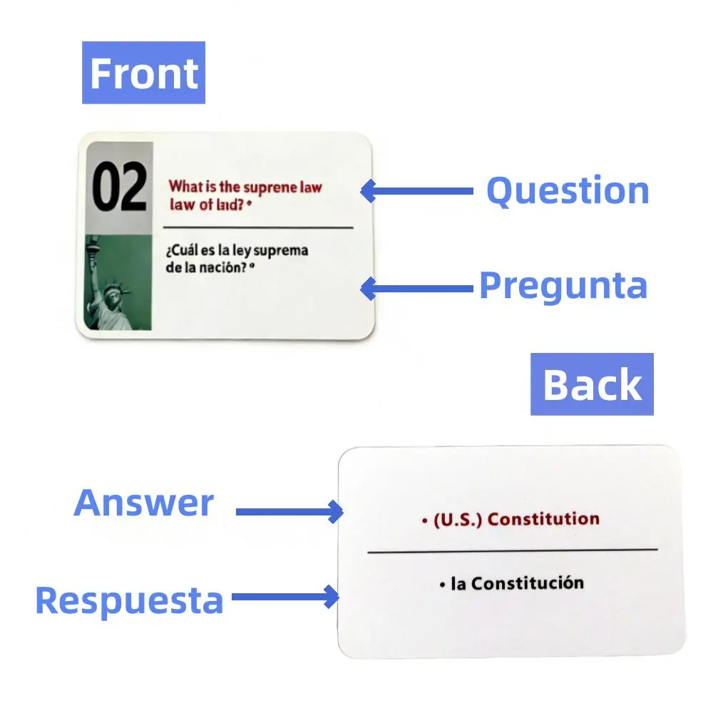 128-Count Bilingual English-Spanish Civics Flashcards for Studying, Office Stationery with Essential Questions & Answers, USCIS Exam Candidate Prep Tool