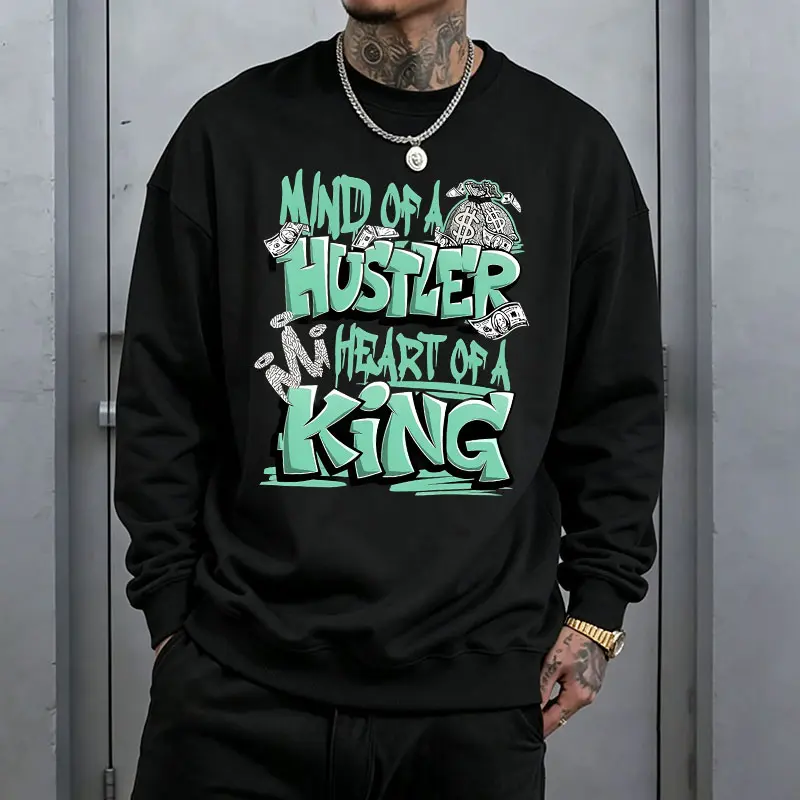 Men's Streetwear Loose-Fit Crewneck Sweatshirt, Poly-Cotton, Graffiti & "Hustler King" Letter Print, Drop-Shoulder, Long-Sleeve, Medium Cut Pullover, Machine Washable