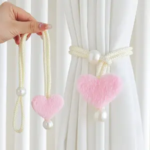 2pcs Pearl Tone Plush Heart Curtain Tiebacks, Soft and, Decorative Window Treatments for Curtains and Sheer Drapes, Window Decorations Supplies, Interior Decoration Accessories