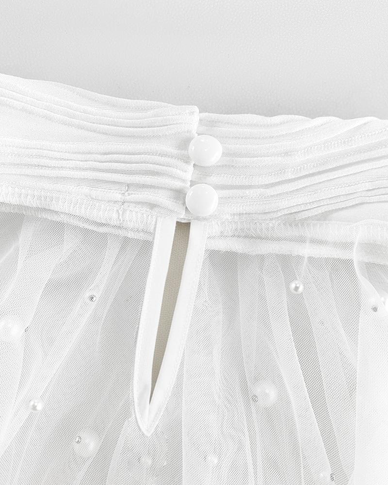 ChicMe Pearls Decor High Neck Sheer Mesh Spliced Ruched Tee Hollow-out Back Slim Fit Textured Top