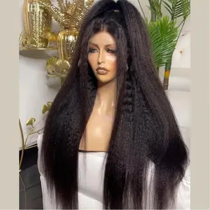 Soft 30inch Kinky Straight 13x4x1 Lace Front Wig 180%Density Yaki Hair Suitable For Women's Synthetic Hair, Heat-Resistant Fashionable Preplucked For Daily Wear