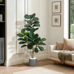 Gaomon 4FT Minimalist Artificial Fiddle Leaf Fig Tree Pack, 48-Leaf Realistic Faux Ficus Lyrata, 7.8in Decorative Grey Planter Pot, Indoor Fake Floor Plant for Home Office Decoration, Housewarming Gift