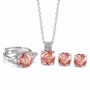 Padparadscha High Carbon Diamond Millennium Rose Cut 4-Piece Jewelry Set: Octagonal Ring, Earrings & Pendant