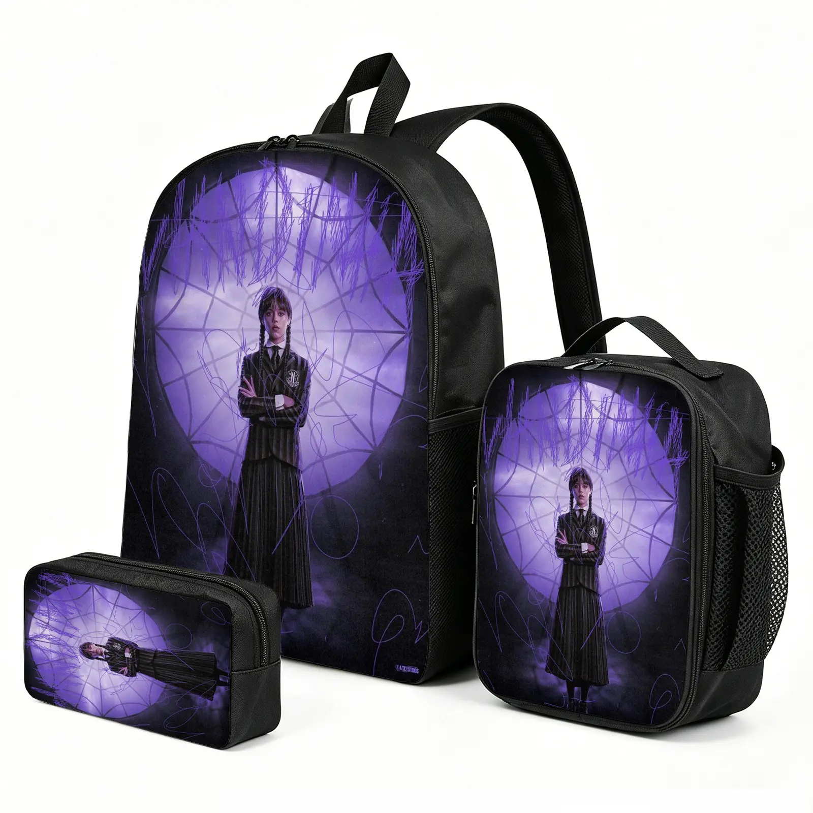 Unisex Wednesday 3-Piece Printed Kids Backpack Set - No Wheels, Elementary School Combo with Insulated Lunch Bag, Cute Travel Daypack, Pencil Case, Back to School Haul