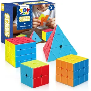Speed Cube Set 4 Pack Magic Cube | Includes 3x3, 2x2, 4x4, Pyramid Speed Cubes, Smooth Puzzle Cube Bundle Collection for Kids & Adults
