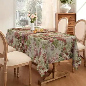 1 piece of retro floral rectangular tablecloth - made of linen fabric, with multiple colors of flowers and green leaf patterns, suitable for kitchen dining, parties, picnics, home decoration, machine washable and durable