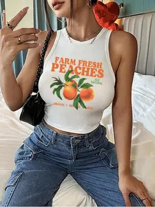 Women's Cartoon Peach Print Round Neck Crop Tank Top, Casual Sleeveless Cropped Top for Summer, Women's Clothing for Daily Wear